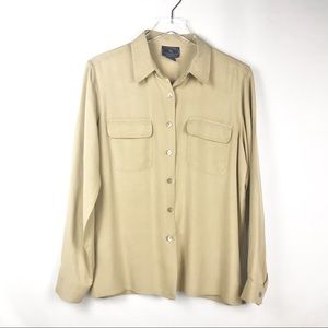 Vintage Silk Camel Button up Blouse with shell buttons